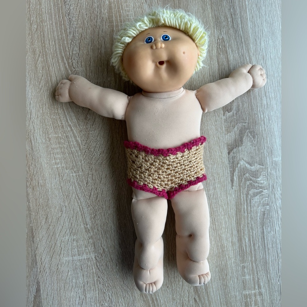 Classic Blonde Cabbage Patch–Style Soft Body Doll with Hand-Knit Shorts